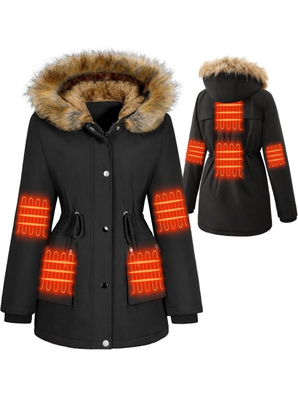 Cozy Heated Winter Parka with Detachable Fur Collar, Water-Repellent & Fleece